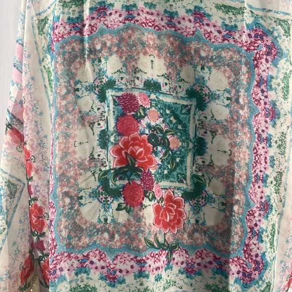 Kimono,floral cardigan,multi colored cover,mid sleeves, open with fringe, Large - Picture 4 of 7